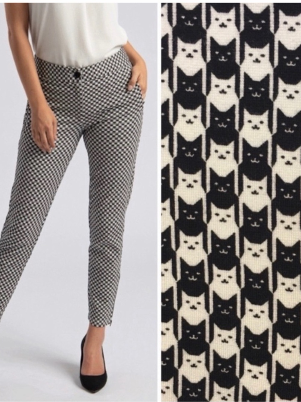 Betabrand Pants Womens Medium Petite Black White Cat Print Catstooth Office